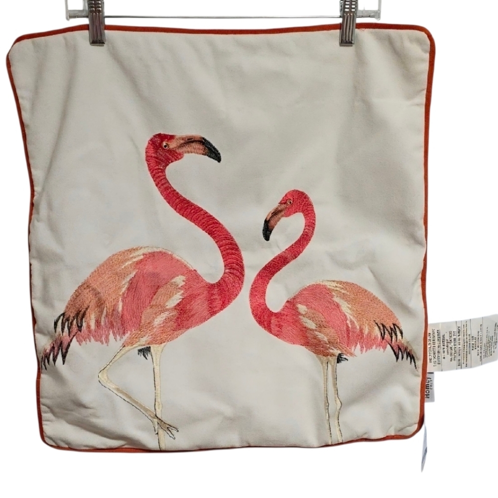 Flamingo Embroidered Throw Decorative Pillow Cover - White and Pink